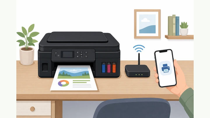 Illustration: Canon PIXMA printer on desk with phone showing Canon PRINT app and home router nearby