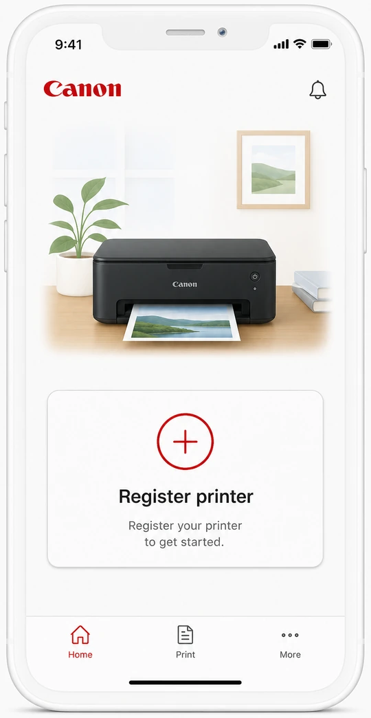 Illustration: Canon PRINT app home screen with Register printer button highlighted