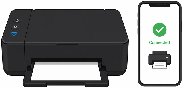 Printer with solid blue Wi-Fi lamp and app showing connected