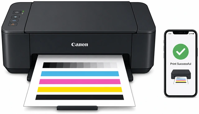 Illustration: test page printing from Canon PIXMA with phone showing print success