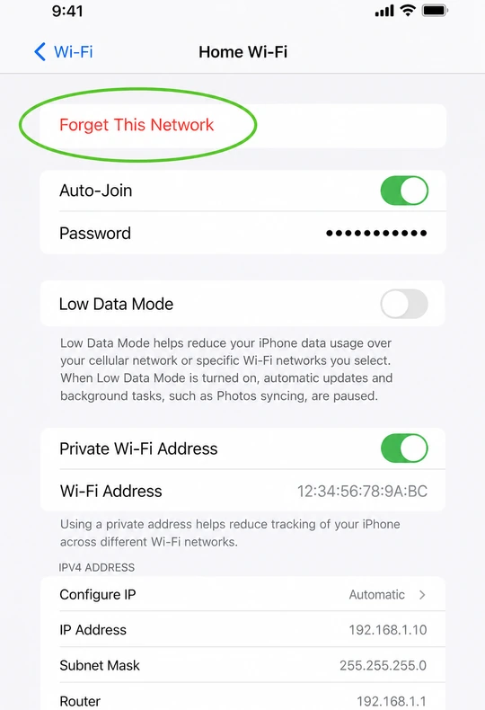 Illustration: Forget This Network button on phone