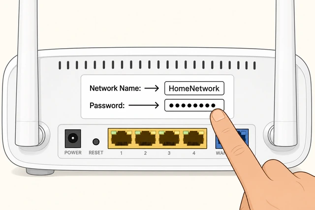 Illustration: router sticker showing network name and Wi-Fi password