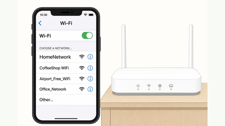 Illustration: phone showing Wi-Fi list near a home router