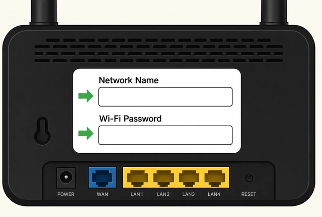 Illustration: router label with network name field and password field marked