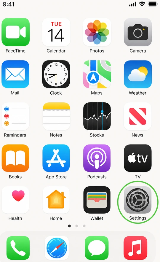 Illustration: iPhone home screen with Settings icon