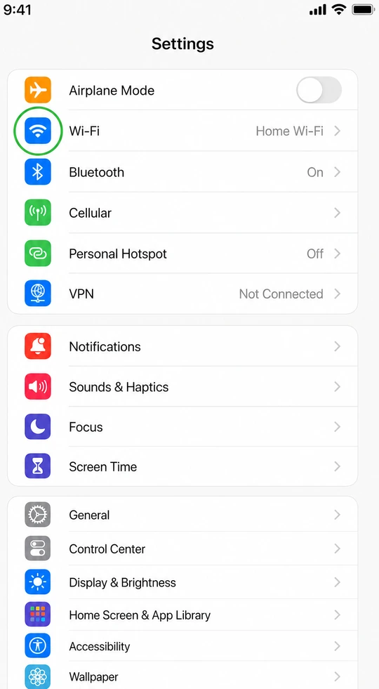 Illustration: iPhone Settings list with Wi-Fi row