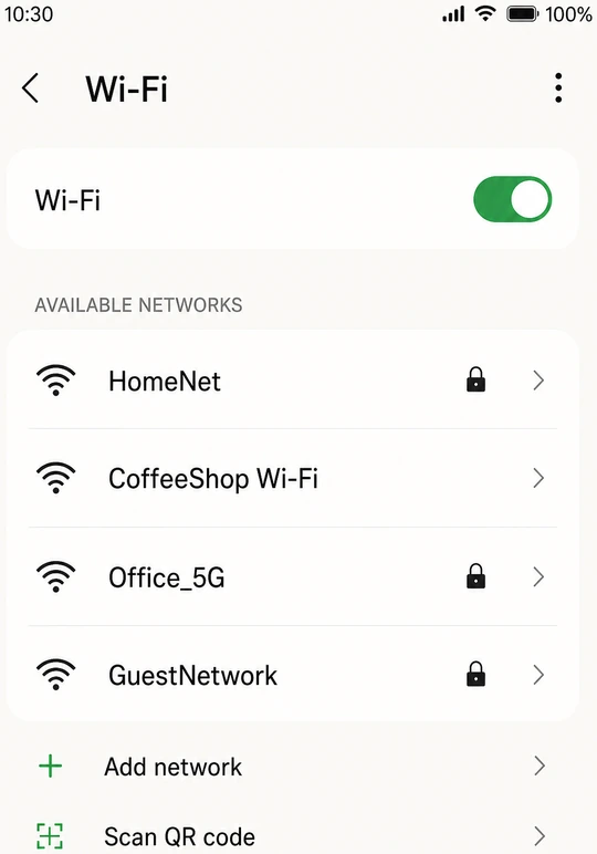 Illustration: Wi-Fi toggle switched ON with network list below