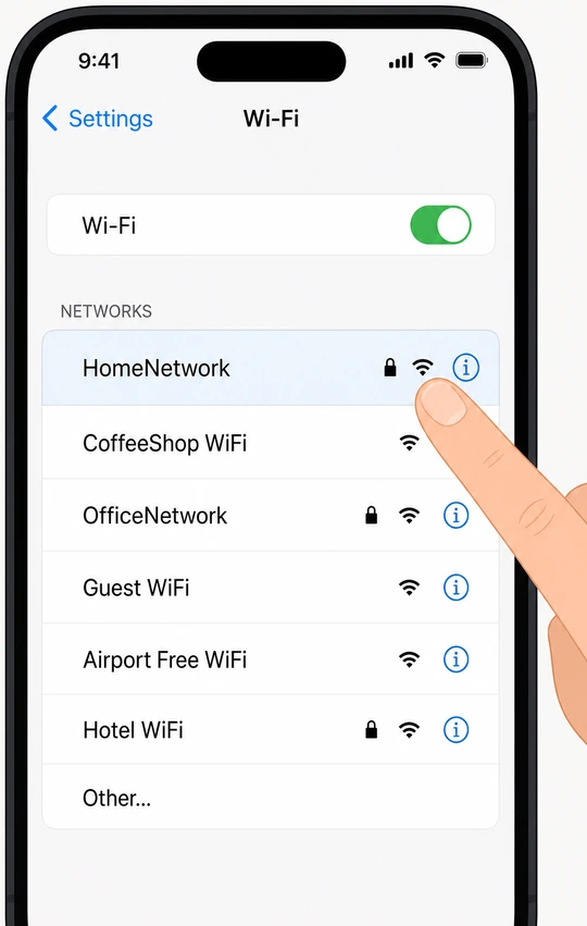 Illustration: finger tapping home network row with lock icon