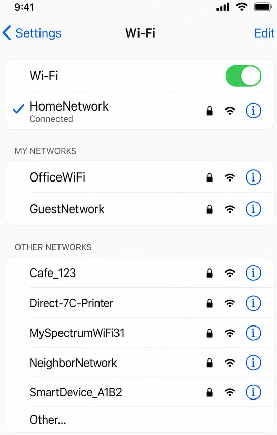 Illustration: checkmark next to network name on Wi-Fi screen