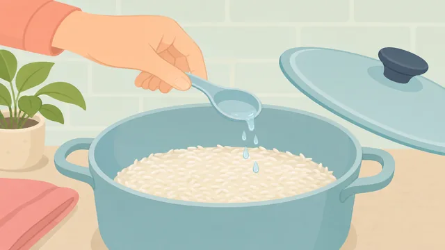 A tablespoon adding water to undercooked rice in a pot before the lid is replaced
