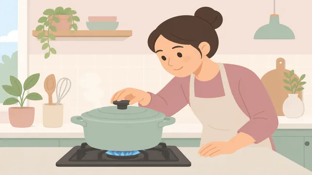 A pot lid sitting flat on a pot beside a measuring tablespoon and dry rice