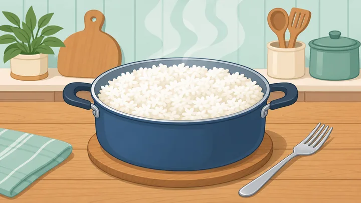 Illustration: pot of fluffy white rice with fork