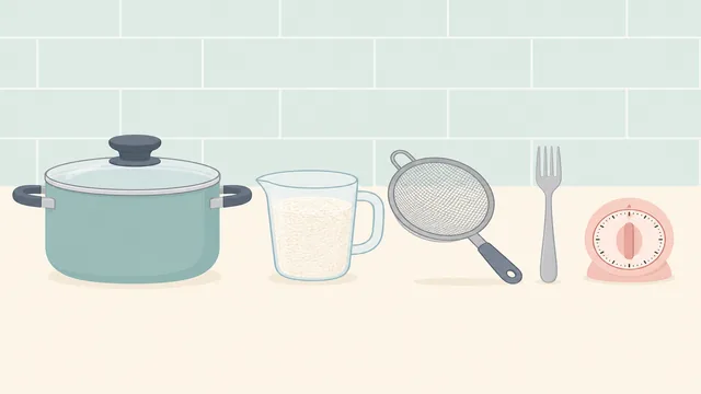 A pot with lid, measuring cup, rice, strainer, fork, and timer on a counter
