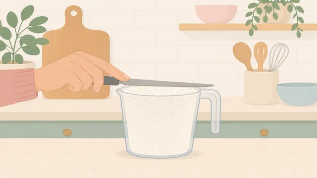 A level measuring cup filled with dry long-grain white rice