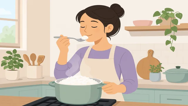 A forkful of cooked white rice being tasted beside the open pot