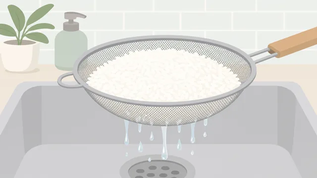 Rinsed rice draining in a strainer over a sink
