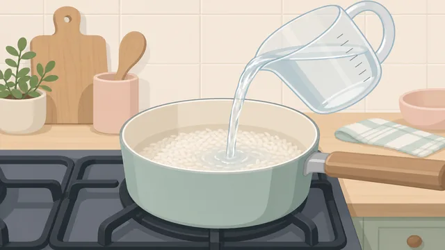Measured water being poured into a pot of rinsed rice