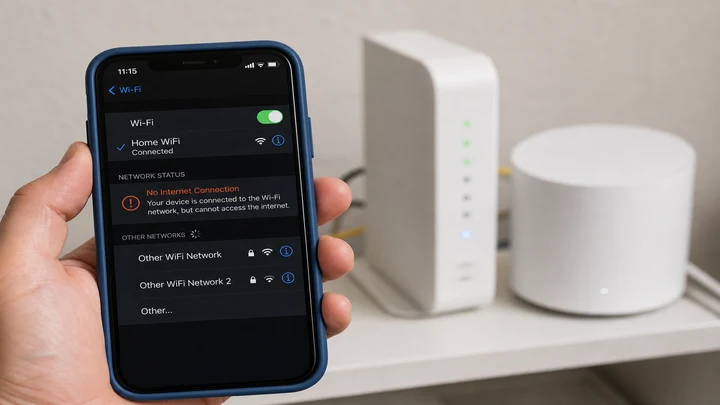 Phone showing Wi-Fi connected but no internet, with modem and router on a shelf behind