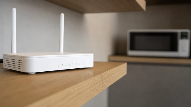 Router elevated on shelf away from microwave in kitchen