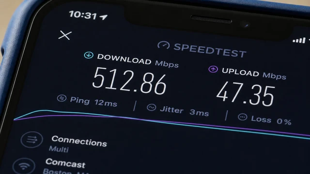 Phone running a speed test while standing next to a white home router