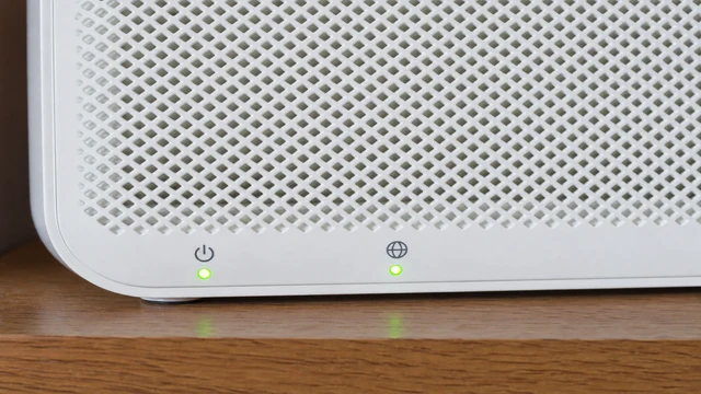 Router front panel with solid green power and internet LEDs