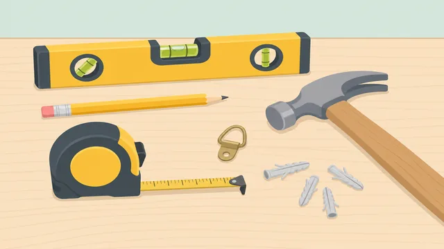 Picture-hanging tools and frame hardware laid out on a table