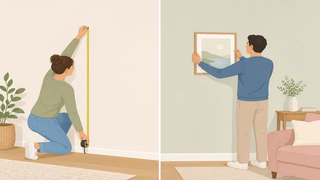 Split image: a tape measure from the floor on the left and a person holding a frame at the chosen height on the right