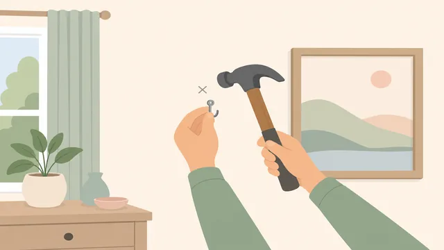Installing a picture hook and screw at a pencil mark