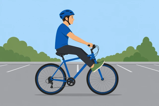 Adult cyclist successfully gliding with feet up on a bicycle