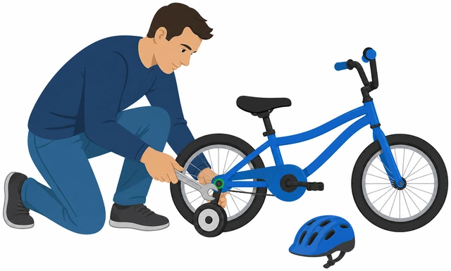 Parent removing training wheels from a child bicycle with helmet ready