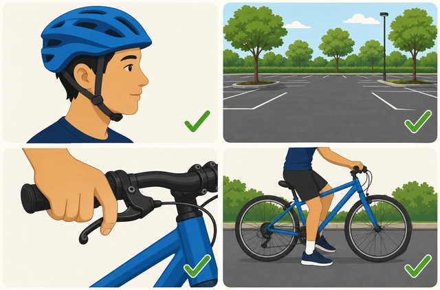 Illustration: helmet flat ground brakes work and seat low enough all checks pass