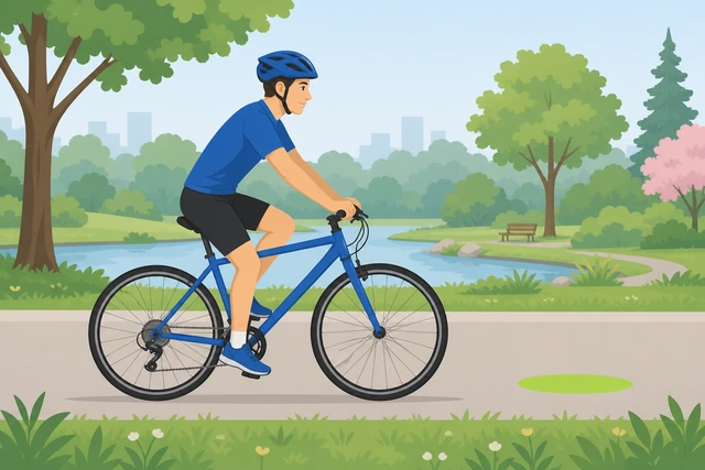 Cyclist pedaling smoothly on a straight path looking ahead