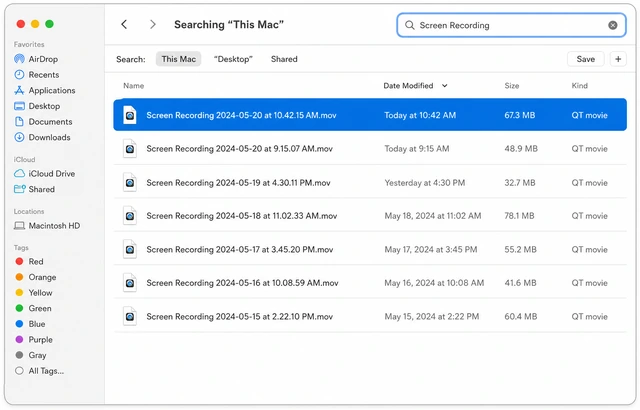 Illustration: Mac Finder search bar showing Screen Recording mov files sorted by Date Modified