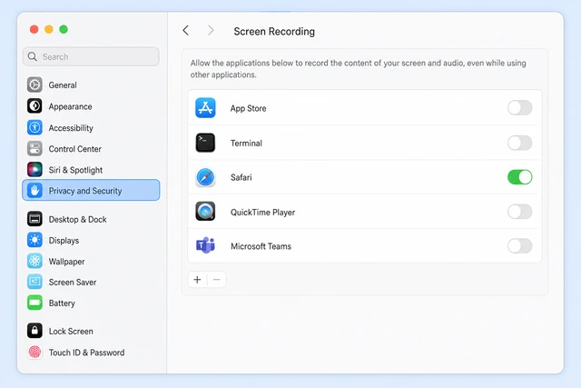 Illustration: Mac System Settings Privacy and Security Screen Recording toggle enabled for Safari