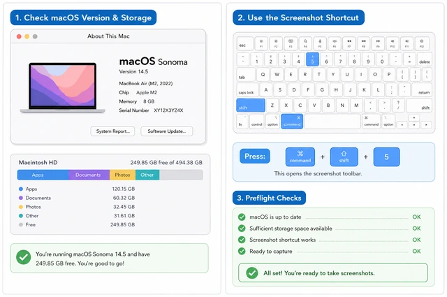 Illustration: Mac About This Mac window showing macOS version, free storage bar, and keyboard with Cmd Shift 5 keys highlighted