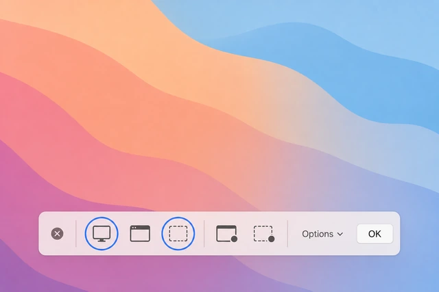 Illustration: Screenshot toolbar with Record Entire Screen and Record Selected Portion buttons highlighted