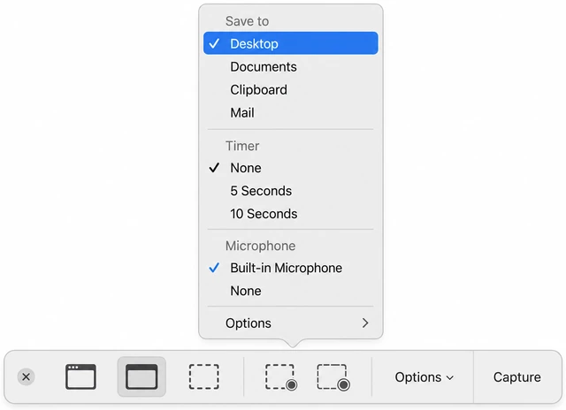 Illustration: Screenshot Options menu showing Save to Desktop and Microphone toggle turned on
