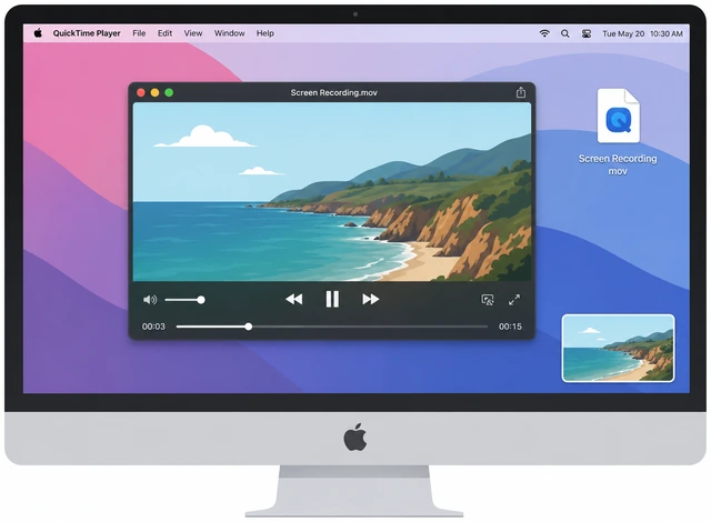 Illustration: Mac Desktop with Screen Recording mov file and QuickTime Player playing the video