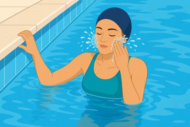 Swimmer splashing water on cheeks with hand at wall