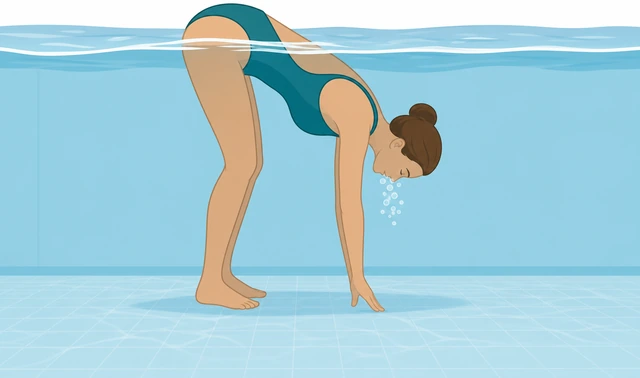 Swimmer fingertips on pool bottom hips rising