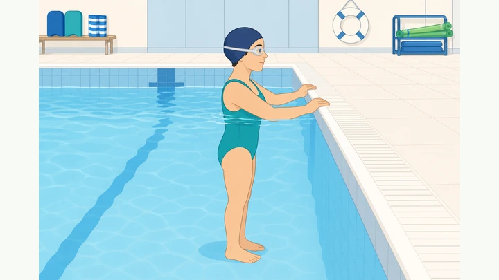 Beginner swimmer in a pool wearing goggles, holding the pool edge in chest-deep water
