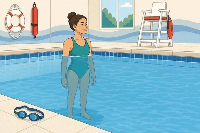 Illustration: shallow pool lifeguard visible goggles ready