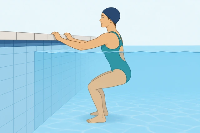 Swimmer standing chest-deep holding pool edge both hands
