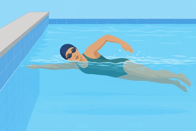 Swimmer short freestyle lap along pool wall