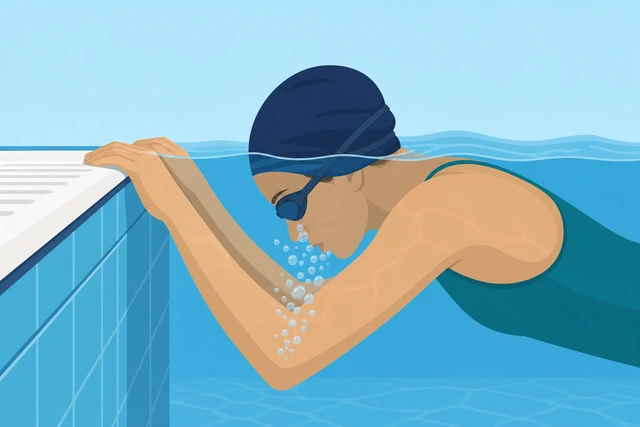 Swimmer blowing bubbles underwater face submerged at wall