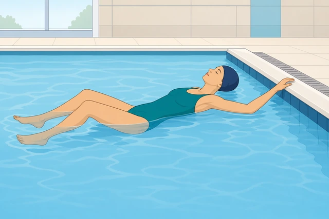 Swimmer back float one hand on pool wall hips up