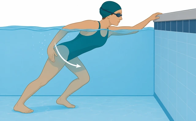 Swimmer single arm pull underwater along pool wall