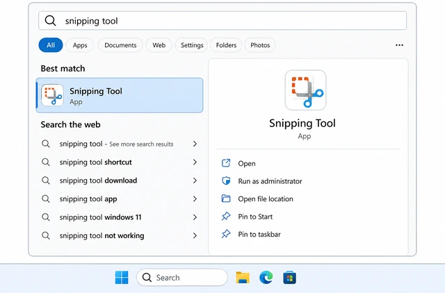 Illustration: Start menu search for Snipping Tool with app icon highlighted