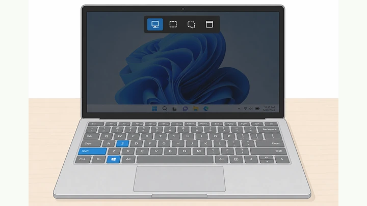 Illustration: Windows laptop with dark snipping overlay and Win Shift S keys highlighted on keyboard