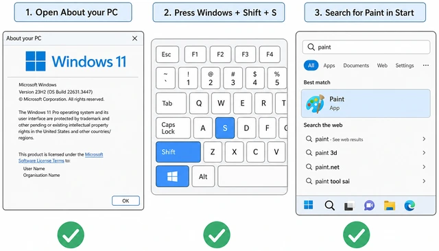 Illustration: Windows About settings, keyboard with Win Shift S, and Desktop icon visible